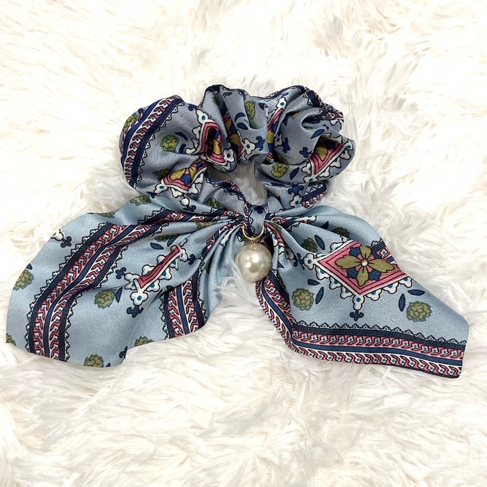 $5 FINAL SALE! Satin Blue, Pink & White Hair Tie w/ Pearl Detail